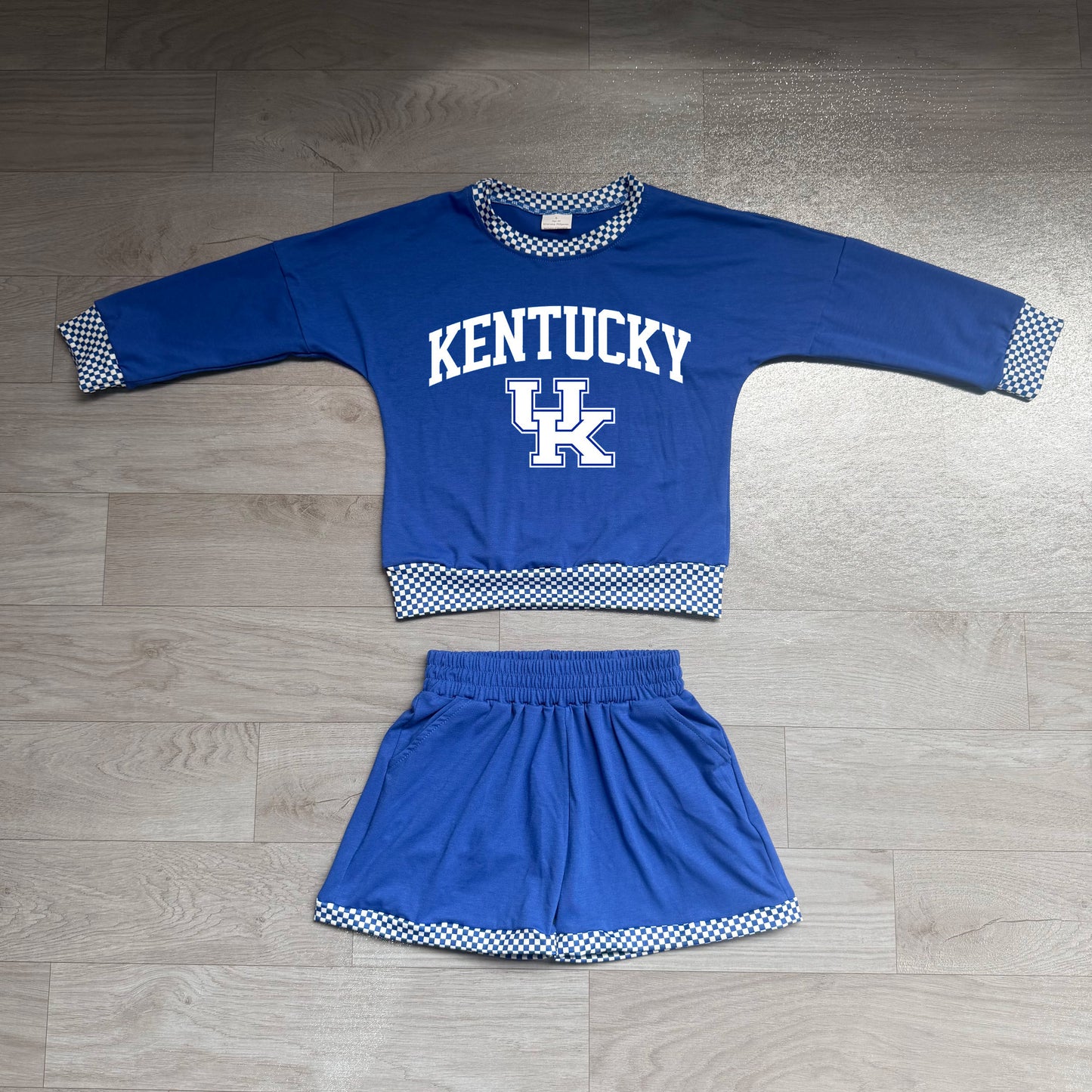 NO MOQ Preorder GLS0164 Offset Printing KENTUCKY Blue Plaid O-Neck Long Sleeve Top Shorts Girls Sets 202607