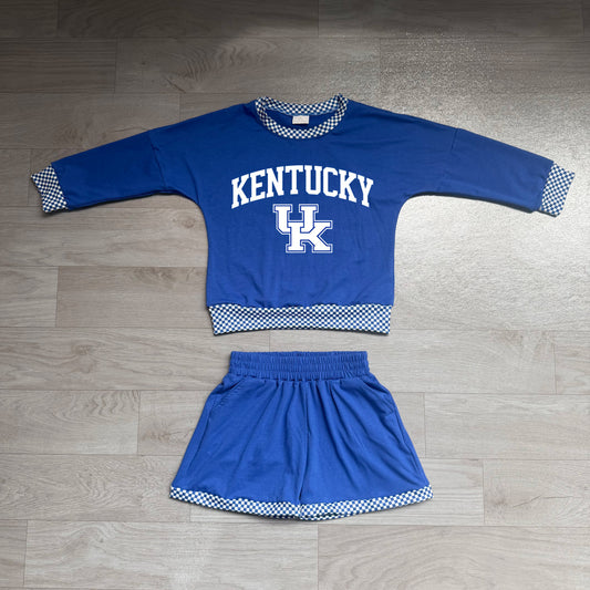 NO MOQ Preorder GLS0164 Offset Printing KENTUCKY Blue Plaid O-Neck Long Sleeve Top Shorts Girls Sets 202607