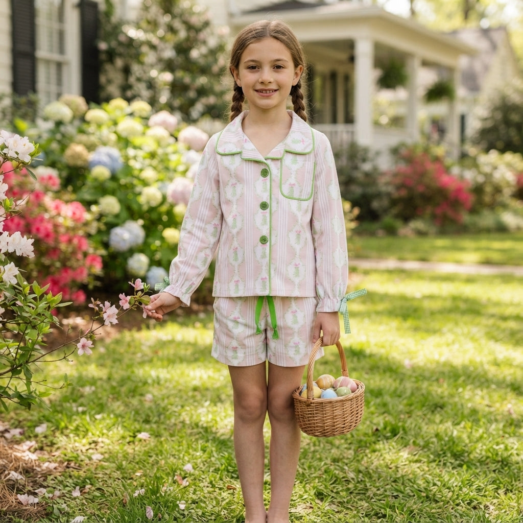 GLS0171 Christmas Trees Bows Green Girls Shorts Pajamas Set