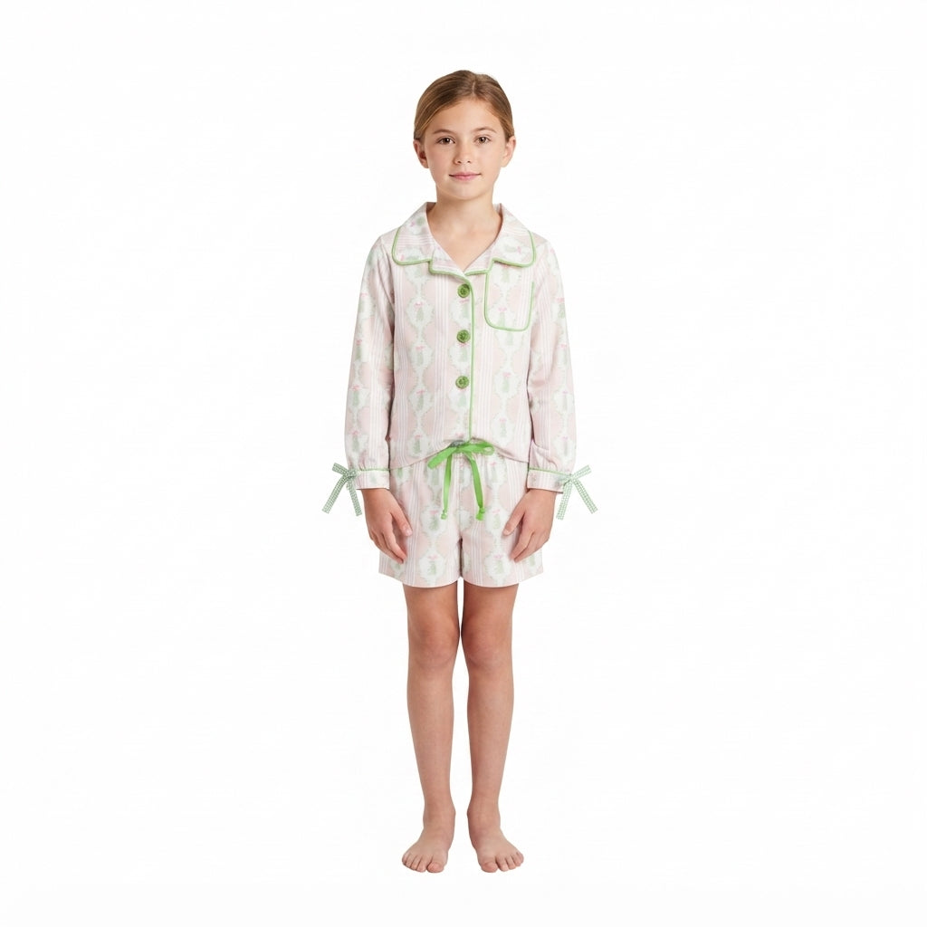 GLS0171 Christmas Trees Bows Green Girls Shorts Pajamas Set