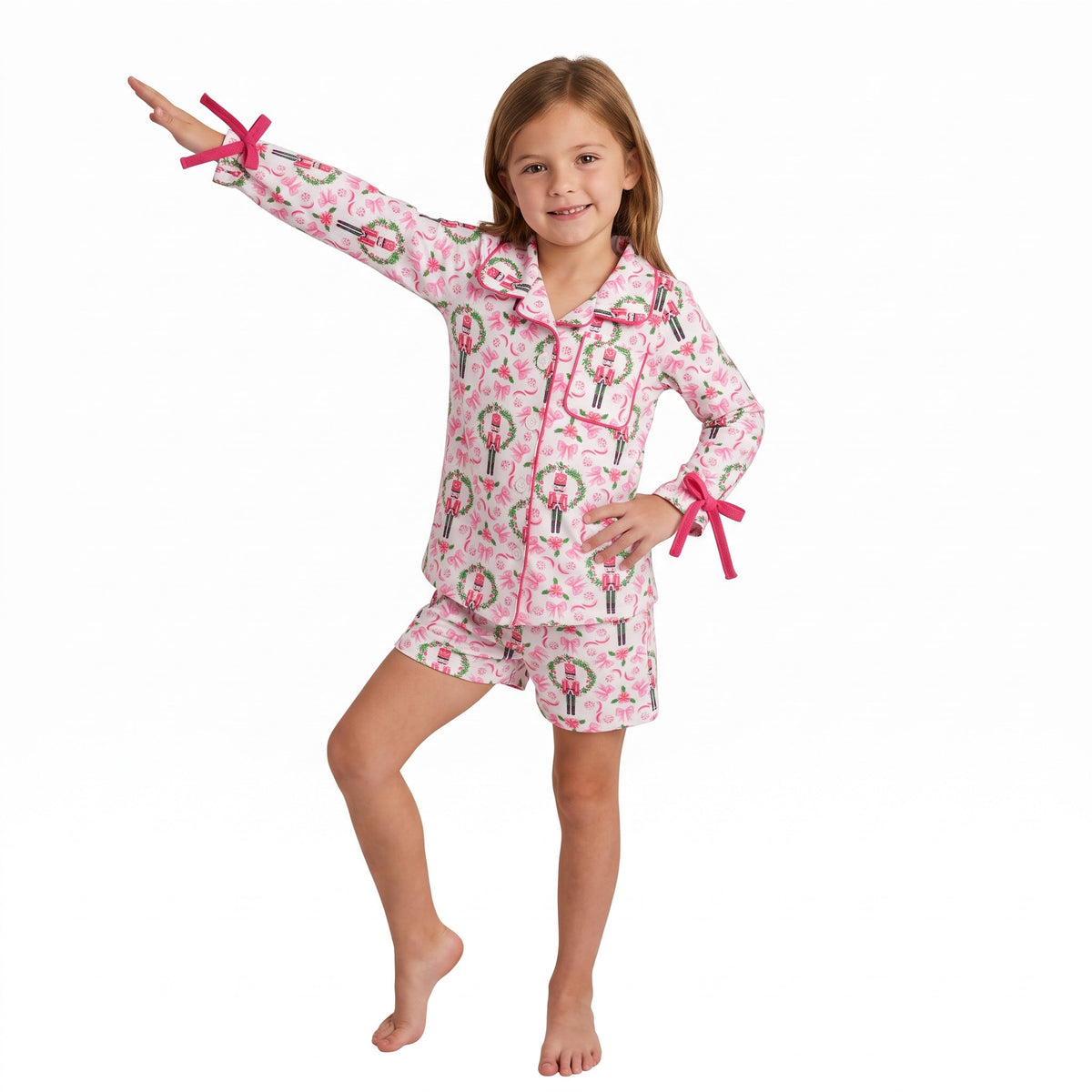 GLS0173 Christmas Pink Bows Girls Shorts Pajamas Set
