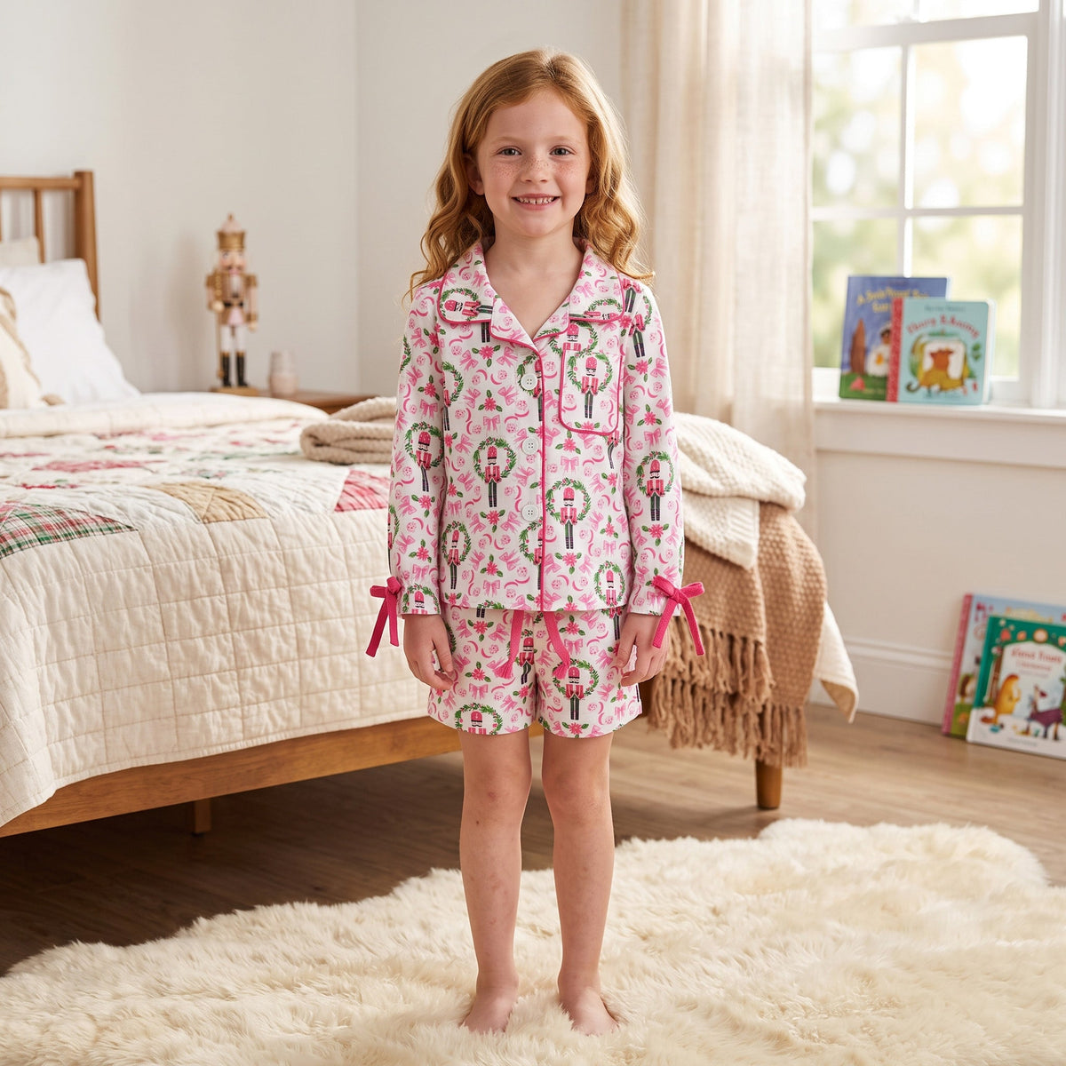 GLS0173 Christmas Pink Bows Girls Shorts Pajamas Set