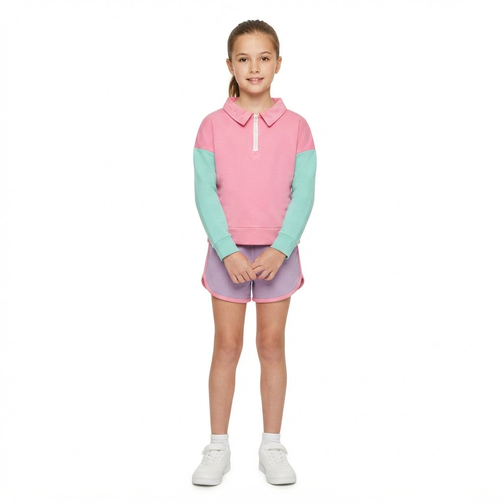 GLS0193 Solid Color Pink Pullover Girls Shorts Set