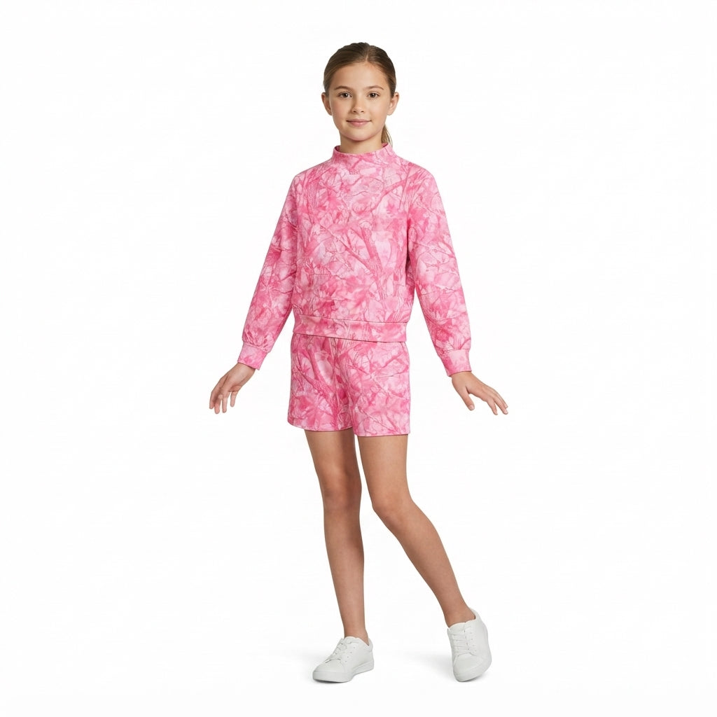GLS0196 Hunting Camo Leaves Rose Red Girls Shorts Set