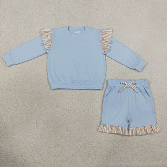 GLS0216 Solid Color Stripe Ruffles Blue Girls Shorts Set