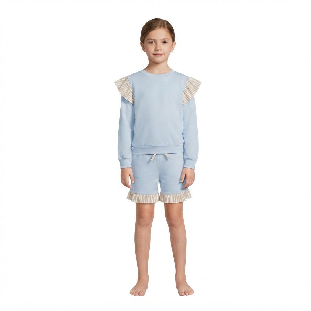 GLS0216 Solid Color Stripe Ruffles Blue Girls Shorts Set