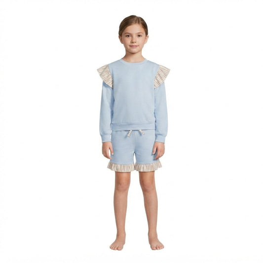 GLS0216 Solid Color Stripe Ruffles Blue Girls Shorts Set