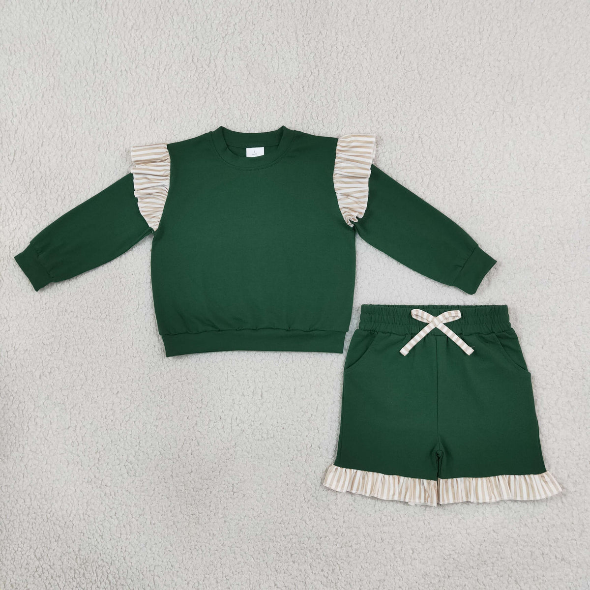 GLS0218 Solid Color Stripe Ruffles Dark Green Girls Shorts Set