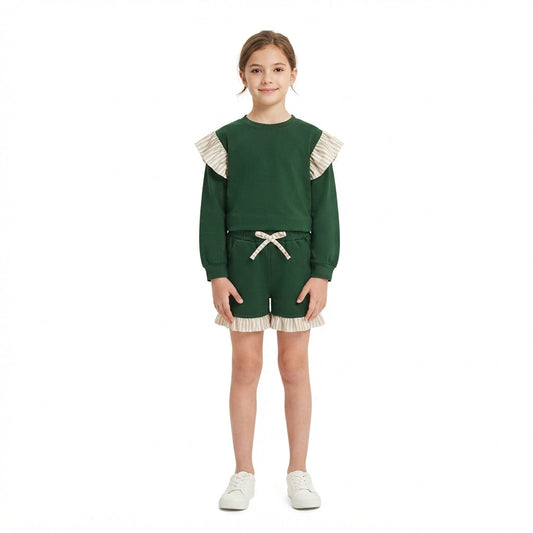 GLS0218 Solid Color Stripe Ruffles Dark Green Girls Shorts Set