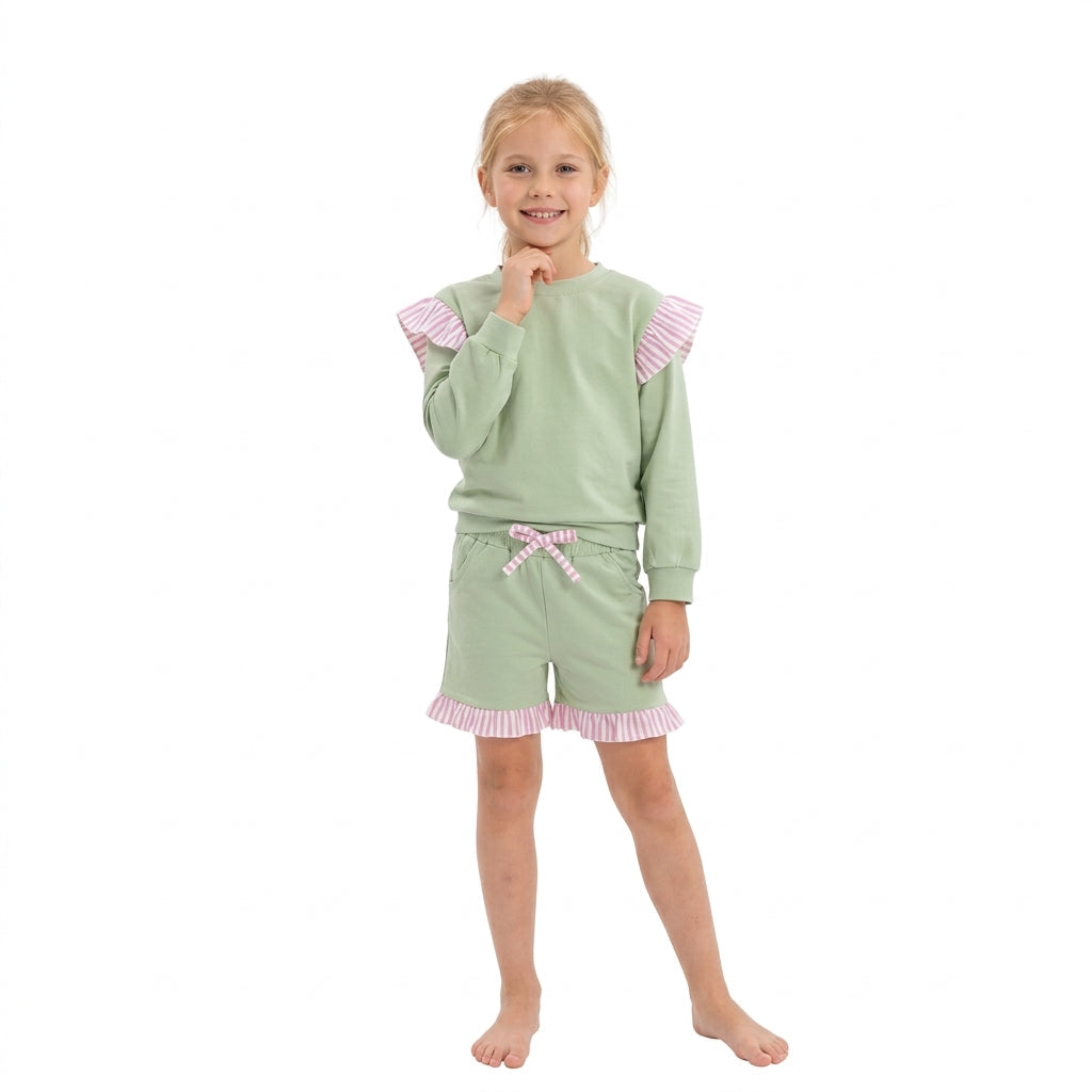 GLS0220 Solid Color Stripe Ruffles Light Green Girls Shorts Set