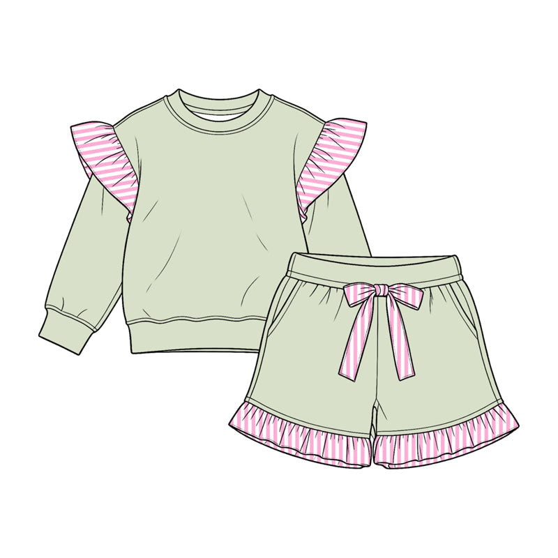 Preorder MOQ 5 pcs Each Color Solid Color Stripe Ruffles Shorts Girls Set