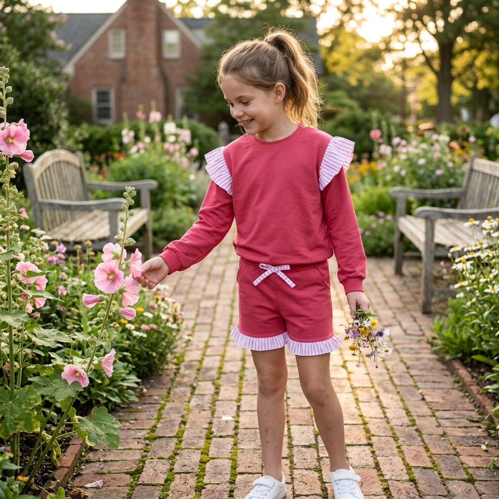 GLS0221 Solid Color Stripe Ruffles Rose Red Girls Shorts Set