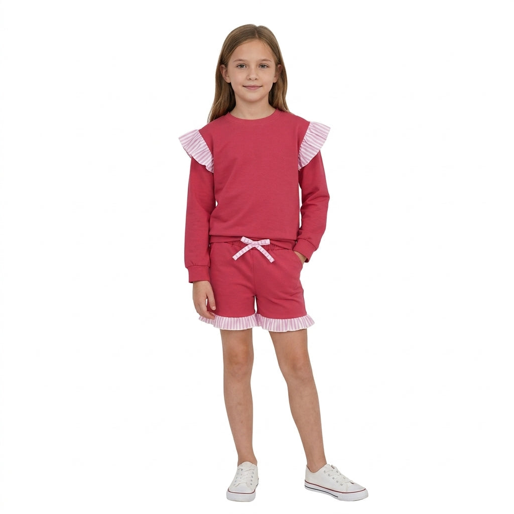 GLS0221 Solid Color Stripe Ruffles Rose Red Girls Shorts Set