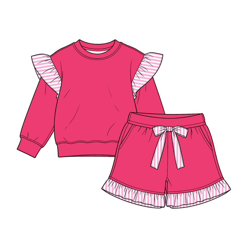 Preorder MOQ 5 pcs Each Color Solid Color Stripe Ruffles Shorts Girls Set