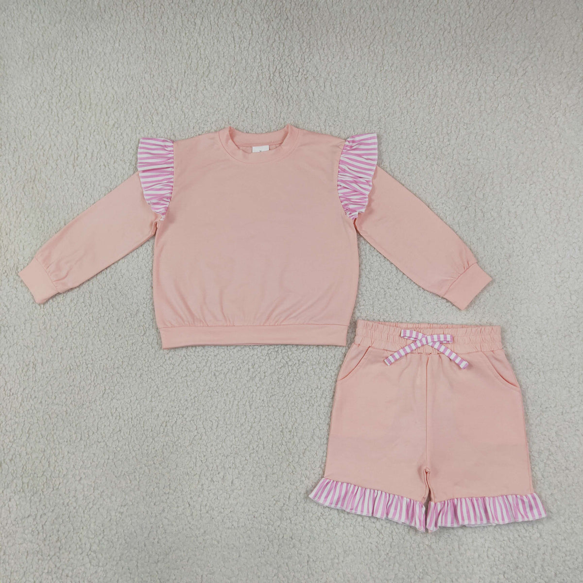 GLS0222 Solid Color Stripe Ruffles Pink Girls Shorts Set