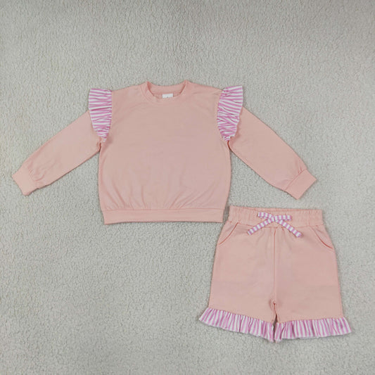 GLS0222 Solid Color Stripe Ruffles Pink Girls Shorts Set