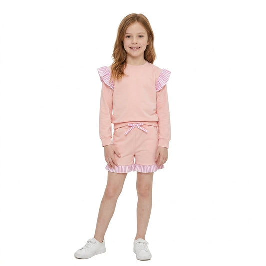 GLS0222 Solid Color Stripe Ruffles Pink Girls Shorts Set