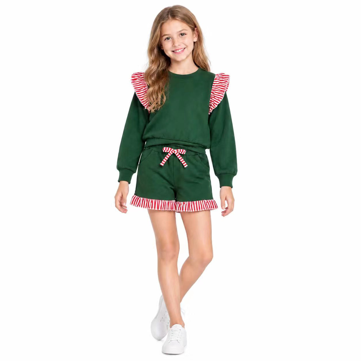 GLS0223 Christmas Solid Color Stripe Ruffles Dark Green Girls Shorts Set