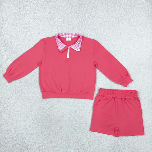 GLS0225 Solid Color Cotton Rose Red Plaid Polo Pullover Girls Shorts Set