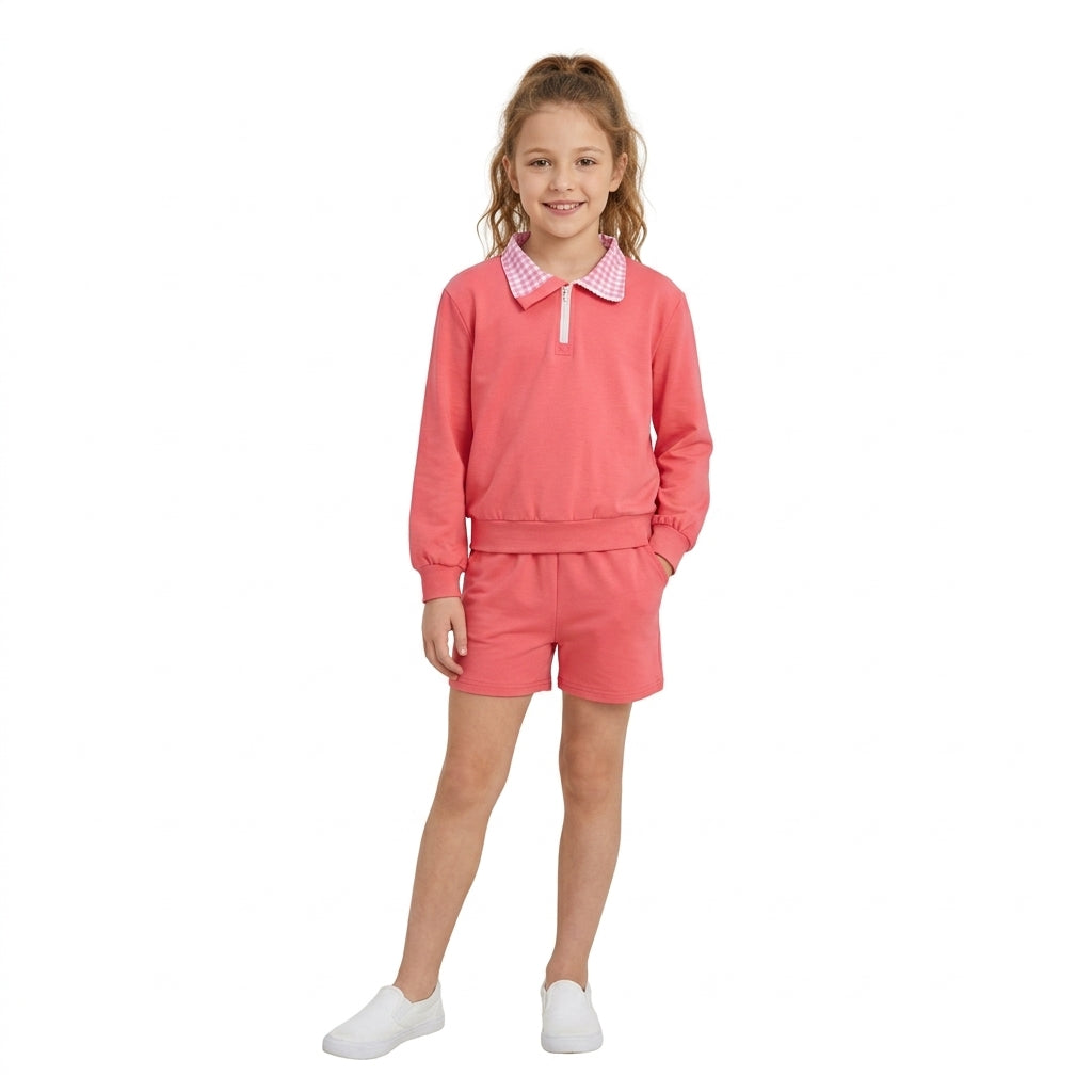 GLS0225 Solid Color Cotton Rose Red Plaid Polo Pullover Girls Shorts Set