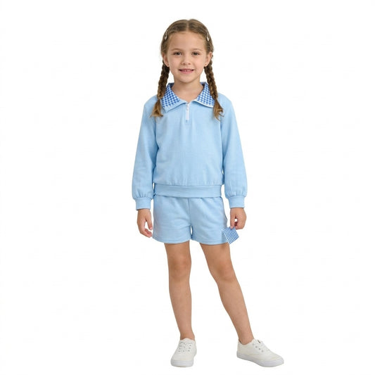 GLS0223 Solid Color Cotton Blue Plaid Polo Pullover Girls Shorts Set