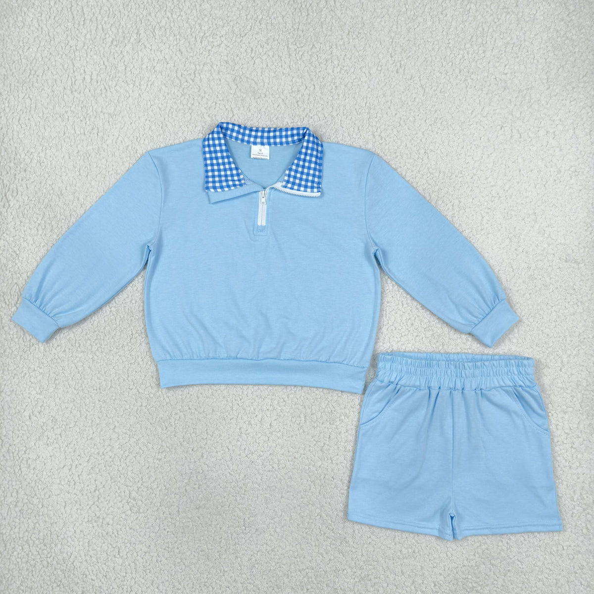 GLS0223 Solid Color Cotton Blue Plaid Polo Pullover Girls Shorts Set
