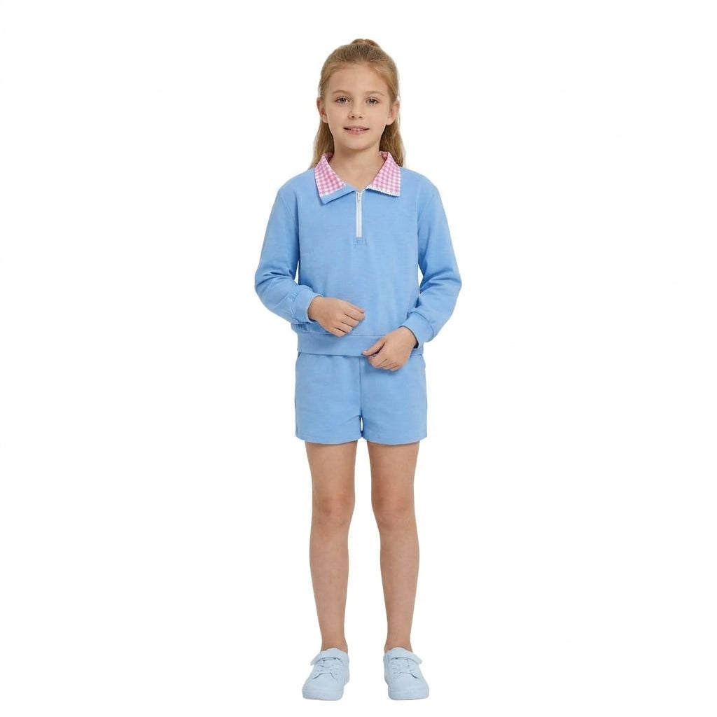 GLS0228 Solid Color Cotton Sky Blue Plaid Polo Pullover Girls Shorts Set