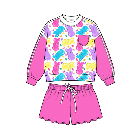 Preorder MOQ 5 pcs GLS0237 Easter Bunny Rose Red Scallop Edge Girls Shorts Set 202609