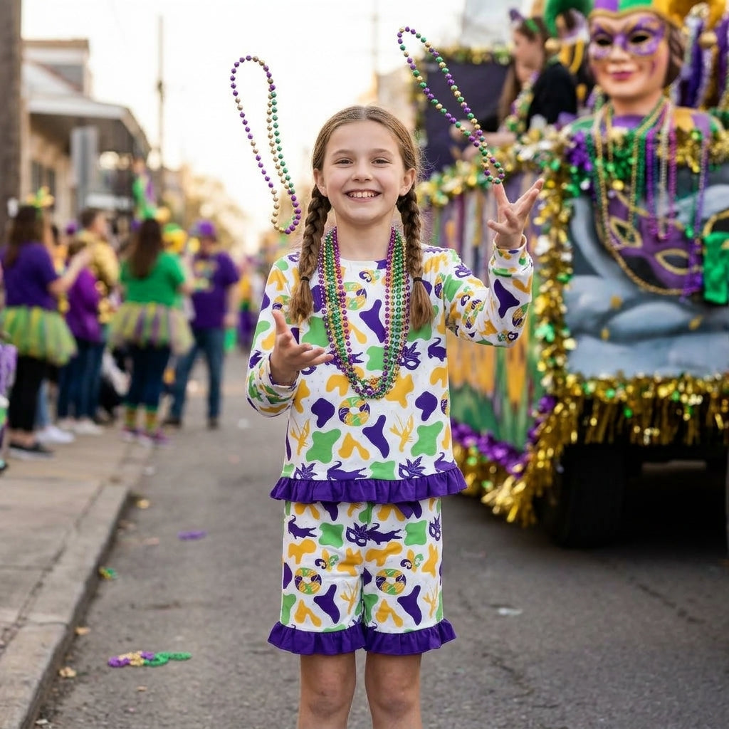 GLS0243 Mardi Gras Dount Camo Purple Ruffles Girls Shorts Set