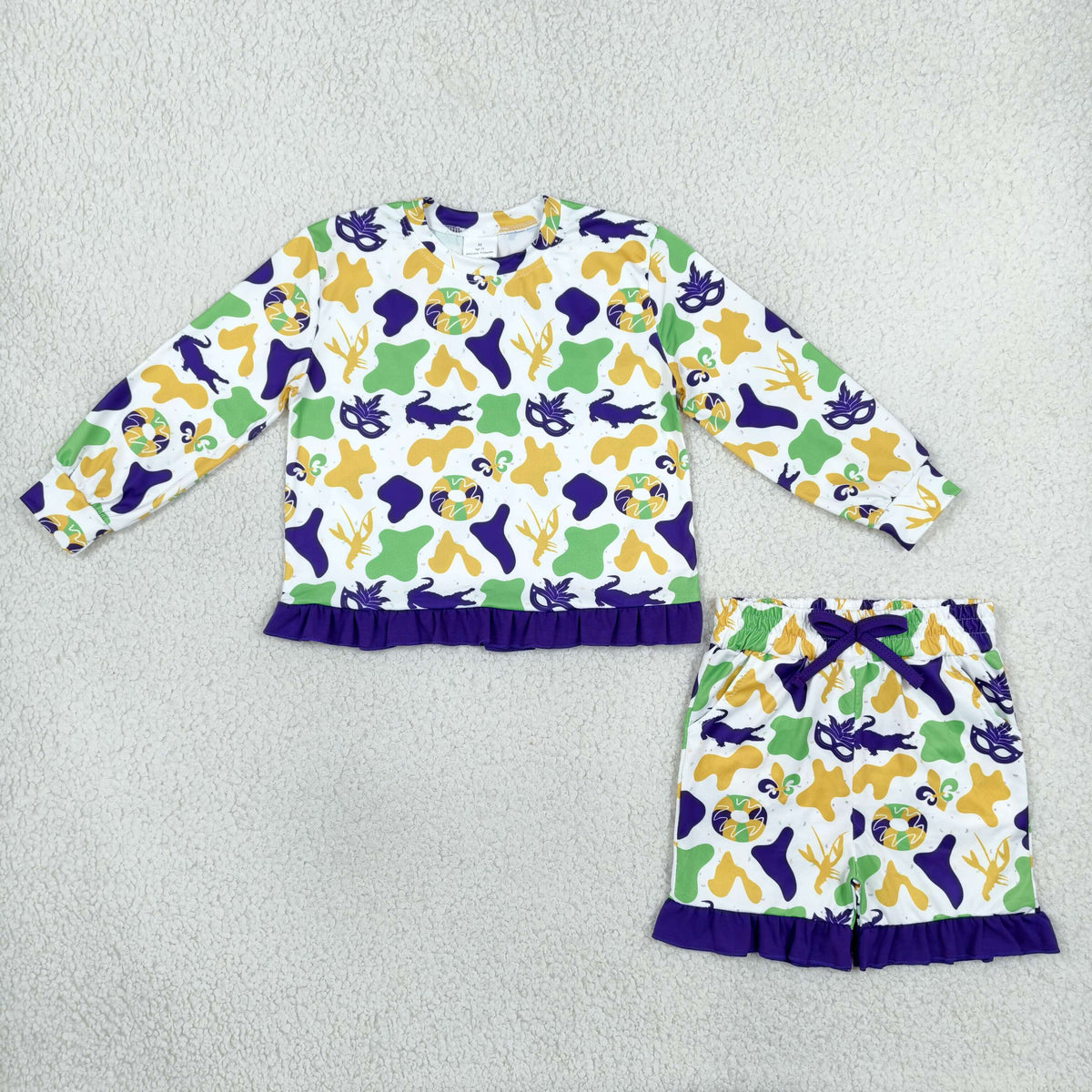 GLS0243 Mardi Gras Dount Camo Purple Ruffles Girls Shorts Set
