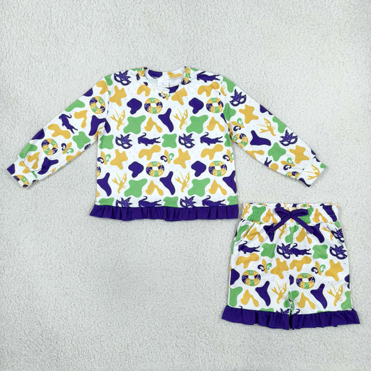 GLS0243 Mardi Gras Dount Camo Purple Ruffles Girls Shorts Set
