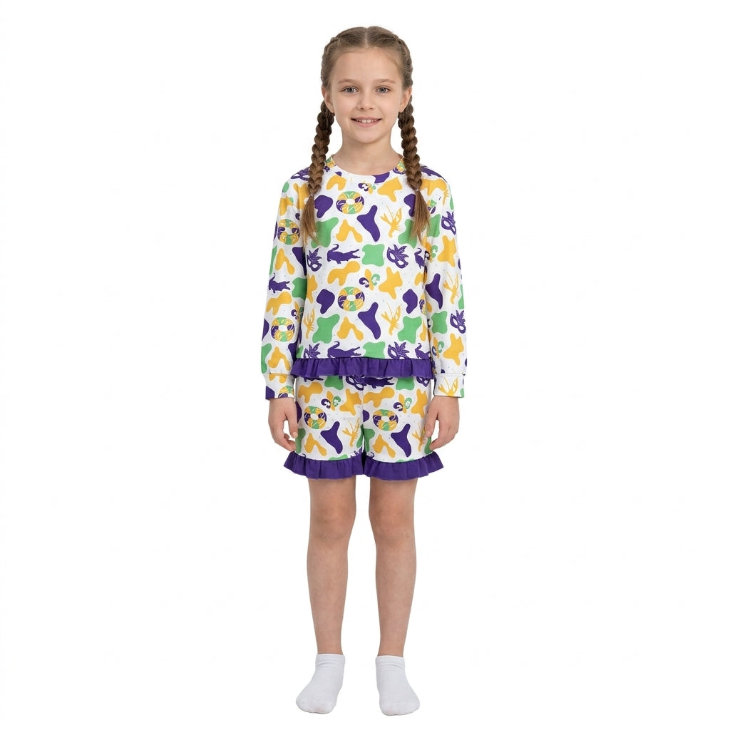 GLS0243 Mardi Gras Dount Camo Purple Ruffles Girls Shorts Set