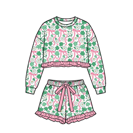 Preorder MOQ 5 pcs Each Style Saint Patrick Leaves Flower Bows Kids Matching Clothes