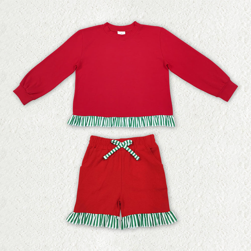 GLS0269 Christmas Solid Color Green Stripe Ruffles Red Girls Shorts Set