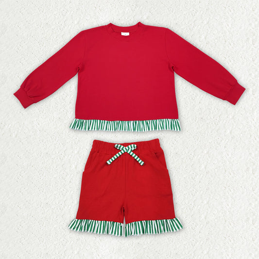 GLS0269 Christmas Solid Color Green Stripe Ruffles Red Girls Shorts Set
