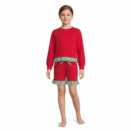 GLS0269 Christmas Solid Color Green Stripe Ruffles Red Girls Shorts Set