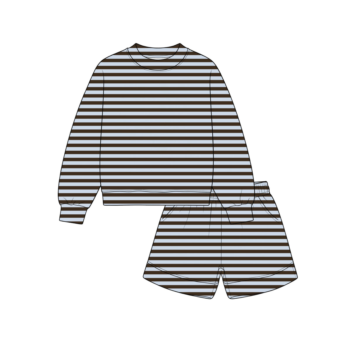 Preorder MOQ 5 pcs GLS0273 Solid Color Blue Brown Stripe Girls Shorts Set