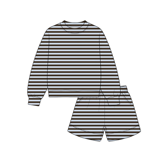 Preorder MOQ 5 pcs GLS0273 Solid Color Blue Brown Stripe Girls Shorts Set