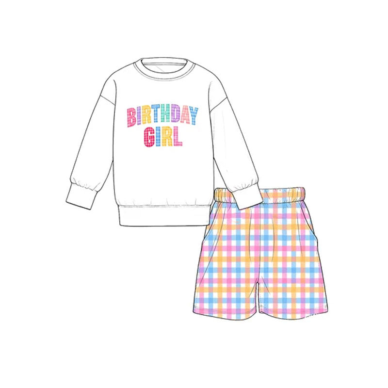 Preorder MOQ 5 pcs GLS0276 Birthday Girl Colorful Plaid Bows Girls Shorts Set