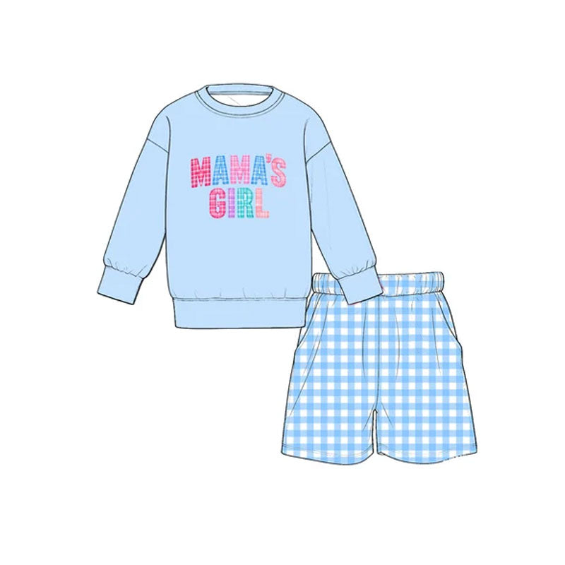 Preorder MOQ 5 pcs GLS0277 MAMA'S Girl Blue Plaid Bows Girls Shorts Set