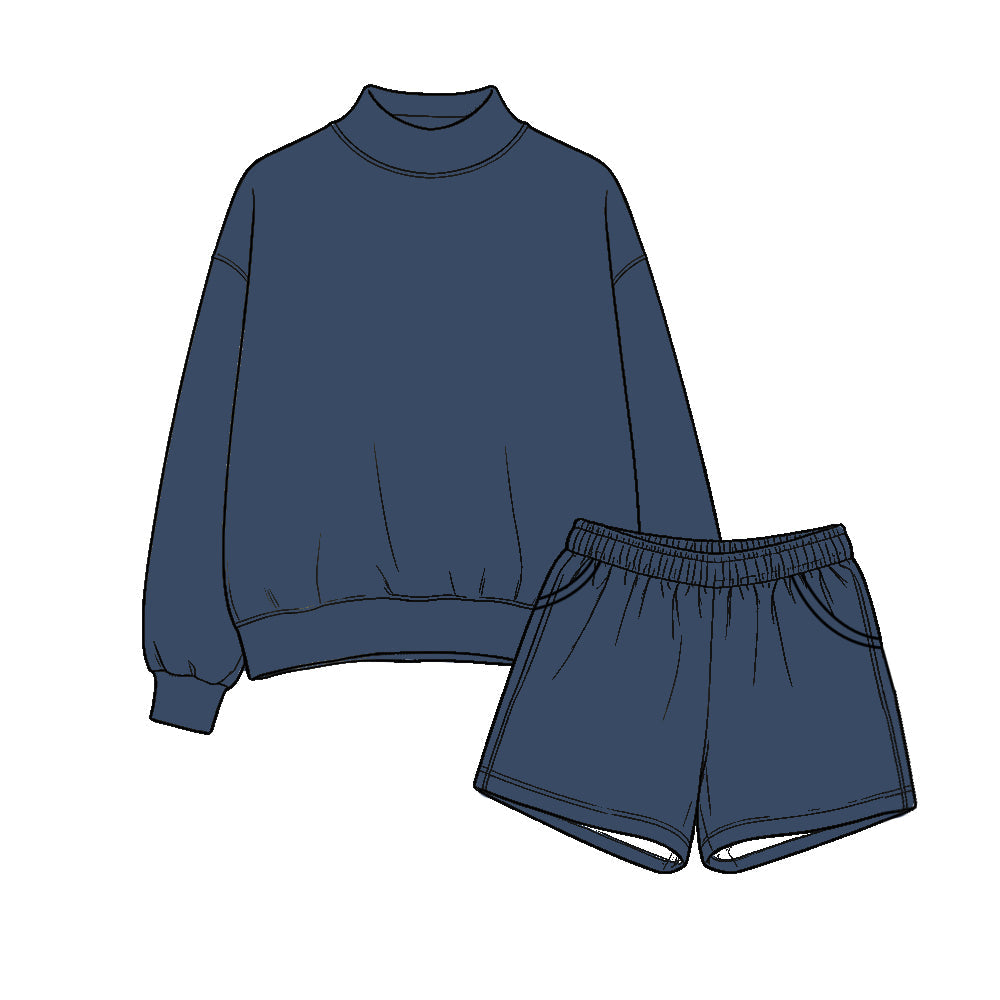Preorder MOQ 5 pcs Each Style Solid Color Mockneck Girls Shorts Set Kids Matching Clothes