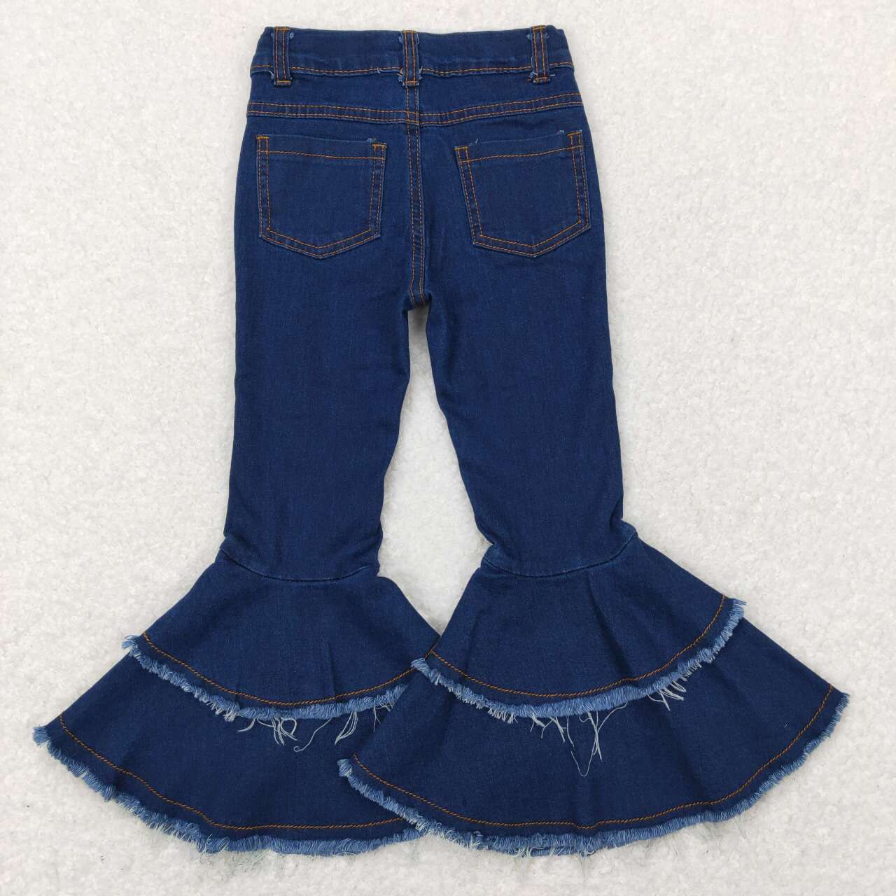 C12-9 Distress Dark Blue Print Double Ruffles Denim Jeans