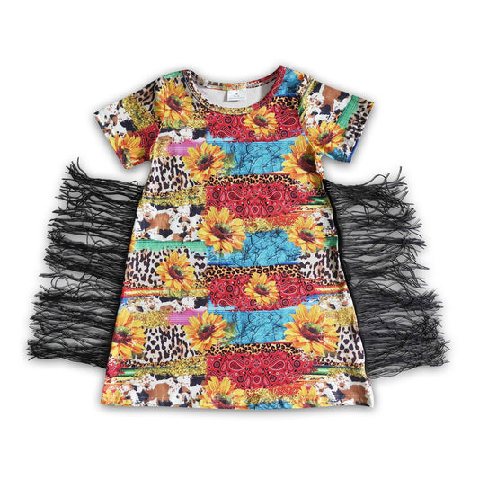 Clearance GSD0057 Girls leopard print cow print sunflower sunflower fringe short-sleeved skirt