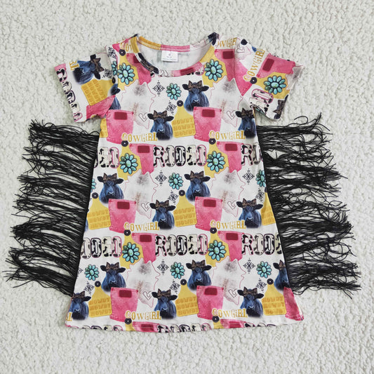 Clearance GSD0090 Girl Cow Alphabet jewel short sleeve fringe dress