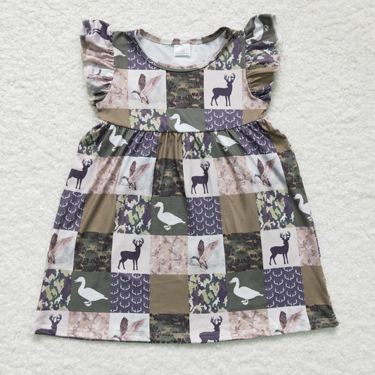 Clearance GSD0152 Girls Duck Deer green plaid flysleeve dress