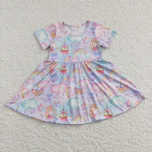 Clearance GSD0166 Girls unicorn rainbow short-sleeved dress