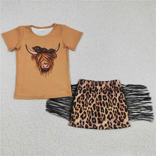 GSD0301  Girls Alpine Cow Short Sleeve Leopard Print Tassel Skirt  Sets RTS Local Warehouse