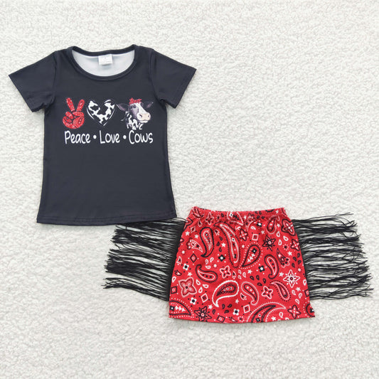 Clearance GSD0302 Girls cows Short sleeve red fringe skirt set