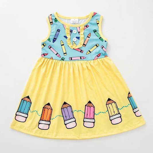 GSD0383 Back To School Yellow Blue Penci Girls Short Sleeve Dresses