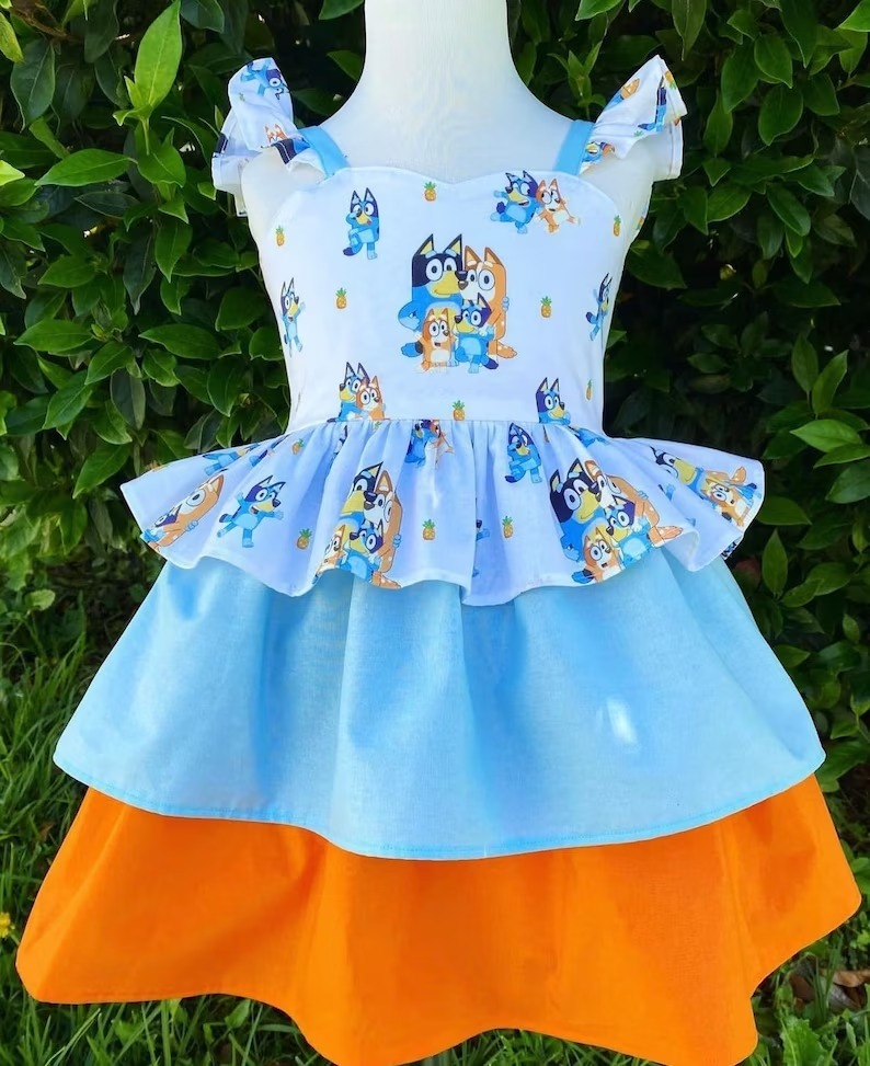 GSD0396 Blue Orange Dog Cartoon Ruffles Girls Flutter Sleeve Dresses